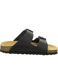 Black slide sandal with two adjustable straps, cork footbed, and rubber sole. Features cut-out design and smooth texture.