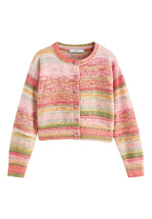 Weiche Strickjacke mit Knöpfen, mit horizontalen Streifen in Rosa, Grün, Gelb und Creme sowie gerippten Bündchen und Saum.