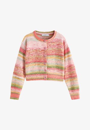 Cardigan morbido a maglia con bottoni, a righe orizzontali rosa, verdi, gialle e crema, con polsini e orlo a coste.