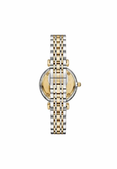 Dwutonowa zegarek ze stali nierdzewnej z bransoletą w kolorze złotym i srebrnym, okrągłą kopertą oraz okrągłą tarczą o złotym tle.