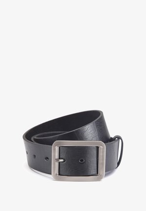 Schwarzer Ledergehäuse mit einer matten silbernen rechteckigen Schnalle, mit fünf Löchern zur Anpassung und einer glatten, leicht glänzenden Textur.