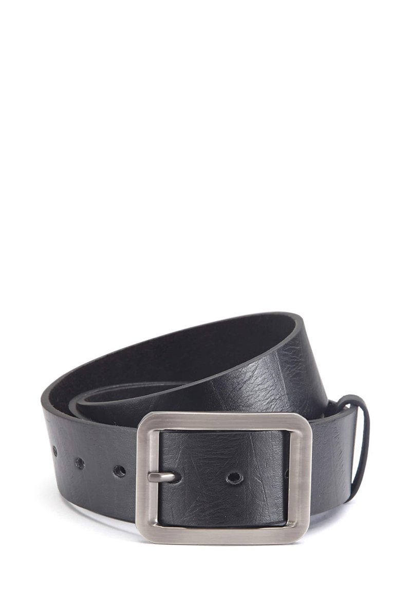 Black leather belt with a matte silver rectangular buckle, featuring five holes for adjustment and a smooth, slightly glossy texture.