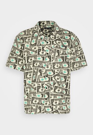 Chemise à manches courtes avec boutons, imprimée intégralement de billets d'un dollar stylisés en noir et turquoise sur fond blanc.