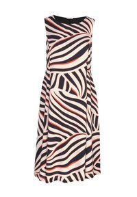 Ärmelloses Kleid mit einem wirbelnden Muster aus schwarzen, weißen und roten Streifen. Leichter Stoff mit fließender A-Linien-Silhouette.