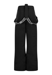 Zwarte waterdichte broek met een wijde pijpdesign, verstelbare schouderbanden en een gebrandmerkte tailleband. Gladde textuur zonder zichtbare patronen.