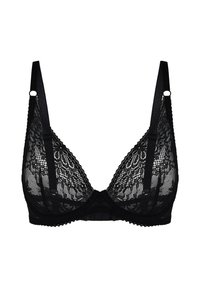 Czarny koronkowy biustonosz z trójkątnymi miseczkami, regulowanymi ramiączkami i kwiatowym wzorem. Miękka tekstura i zapięcie na haczyk z tyłu.