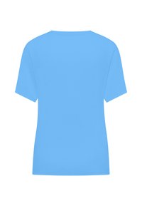 Kortebloem t-shirt in lichtblauw katoen. Heeft een ronde halslijn en een gladde textuur. Achterkant toont een eenvoudig, ongecompliceerd ontwerp.