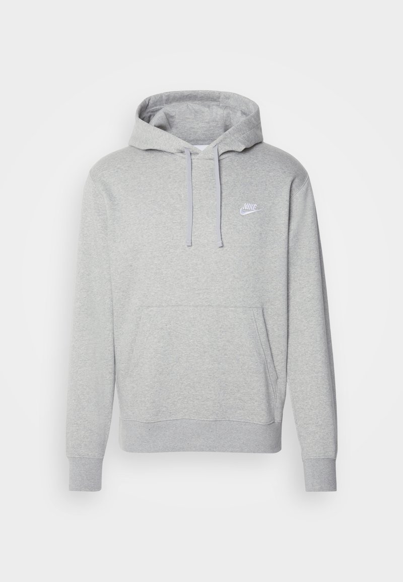 Grauer Fleece-Hoodie mit einer vorderen Kängurutasche, Kapuze mit Kordelzug und weißem Logo auf der Brust. Ausgestattet mit gerippten Bündchen und Saum.