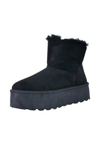 Stivale alla caviglia in suede nero con bordo di pelliccia morbida, dotato di una suola piatta spessa e texturizzata e design a punta rotonda.