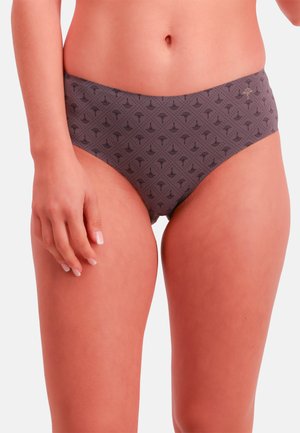 Höga bikinitrosor i mörkgrått med ett subtilt triangulärt mönster; jämn textur och elastisk midja för bekvämlighet.