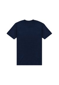 Navy blue short-sleeve cotton T-shirt featuring a crew neckline and smooth texture, displayed with the back side facing forward.