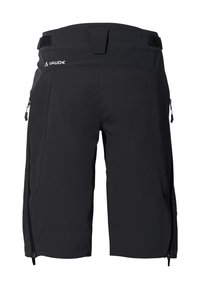 Schwarze Shorts aus leichtem Material, ausgestattet mit einer Reißverschlusstasche, einem verstellbaren Bund und flachen Nähten, entwickelt für Komfort und Beweglichkeit.