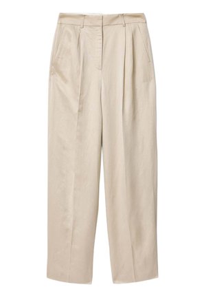 Beige bukser med høj talje og brede ben med plisseringer, sidelommer, bæltestropper og lukning foran med knap og lynlås.