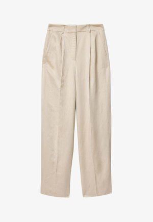 Beige bukser med høj talje og brede ben med plisseringer, sidelommer, bæltestropper og lukning foran med knap og lynlås.