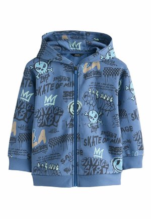 Blue zip-up hoodie with graffiti-style skateboarding text, skull and crossbones, crowns, and abstract patterns on front and sleeves.