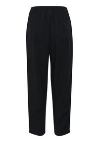 Pantaloni neri a vestibilità morbida realizzati in tessuto morbido, dotati di una vita elasticizzata e di una tasca posteriore per riporre oggetti, rifiniti con cuciture pulite.
