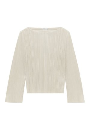 Haut beige clair à manches longues avec une texture côtelée et un décolleté carré. Le tissu comporte de subtiles plis verticaux et un design court.