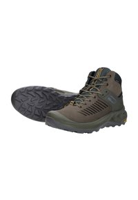 Mid-top wandelschoenen in donker olijfgroen met een gestructureerde rubberen zool, ademende mesh panelen en contrasterende veters en hardware-accents.