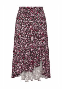 Svart blommig kjol med rosa och vita blommönster, med en hög-låg fåll och mjukt, flödande tyg för enkel rörelse.