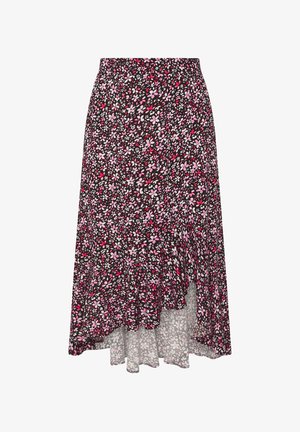 Gonna nera a fiori con motivi di fiori rosa e bianchi, caratterizzata da un orlo asimmetrico e un tessuto morbido e fluido per facilitare i movimenti.