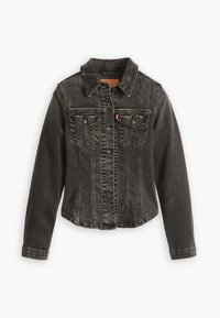 Musta farkkutakki, jossa on nappikiinnitys edessä, kaksi rintataskua ja klassinen kaulus. Takissa on hieman istuva malli ja teksturoitu kangas.