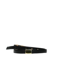 Ceinture en cuir noir à texture lisse, boucle rectangulaire en or, et plusieurs trous pour ajuster la taille. Design classique avec des détails minimaux.