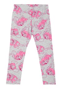 Leggings grigi con una stampa di personaggi dei cartoni animati rosa in tutta superficie, caratterizzati da un design giocoso e una texture morbida e elastica.