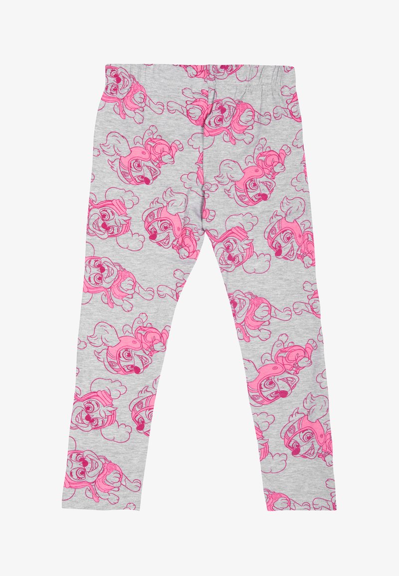 Leggings grigi con una stampa di personaggi dei cartoni animati rosa in tutta superficie, caratterizzati da un design giocoso e una texture morbida e elastica.