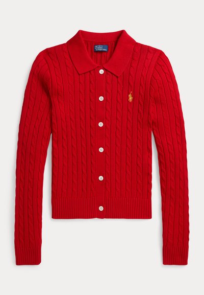 Red long-sleeve cable knit cardigan with buttons down front, collar, and small embroidered logo on left chest.