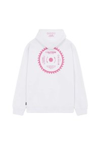 Felpa bianca con cappuccio caratterizzata da una grande grafica di una sega circolare rosa sul retro, con dettagli di testo e logo. Tessuto morbido e vestibilità regolare.