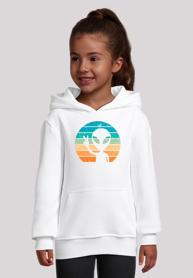 White hoodie featuring a colorful alien graphic, circular design with horizontal stripes in blue, teal, and orange, and a front pocket.