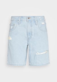 Ljusblå denimshorts med en avslappnad passform, med slitna detaljer, hål framtill och klassisk fem-fickors design.