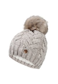 Knit hat in light gray with a chunky textured pattern, featuring a faux fur pom-pom on top and a small logo tag on the side.