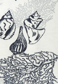 Navy printed textile featuring detailed shells and coral patterns on a light background. Includes varied shell shapes and textures.