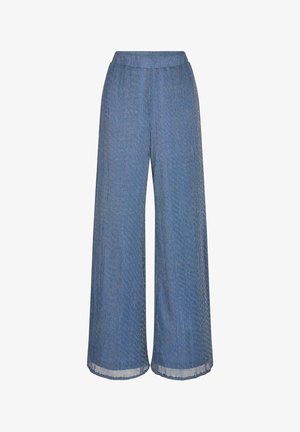 Weit geschnittene, hoch taillierte blaue Hose mit feiner vertikaler Streifenstruktur und elastischem Bund.