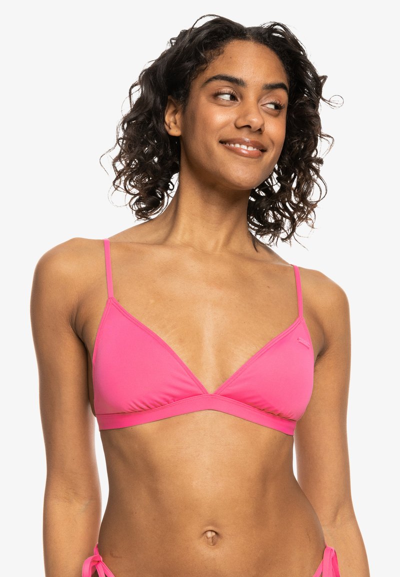 Roze driehoek bikini-top met dunne verstelbare bandjes en een gladde textuur. Heeft minimale stiksels en een eenvoudig ontwerp.