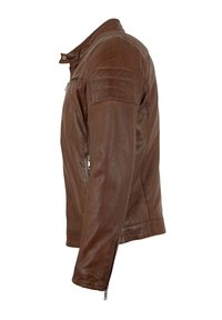 Braune Lederjacke mit tailliertem Design, strukturierten Schultern, seitlichen Reißverschlusstaschen und einem Kragen. Glatte Oberfläche mit einem leicht abgenutzten Aussehen.