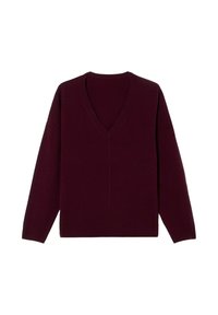 Maglione bordeaux lavorato a maglia con scollo a V, maniche lunghe e vestibilità rilassata. Texture liscia e design elegante con dettagli minimi.