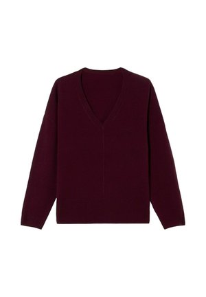 Pull tricoté bordeaux avec un col en V, des manches longues et une coupe décontractée. Texture lisse et design épuré avec des détails minimalistes.