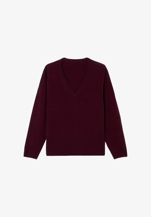 Burgunderrød strikket sweater med V-udskæring, lange ærmer og afslappet pasform. Glat tekstur og slankt design med minimal detaljering.