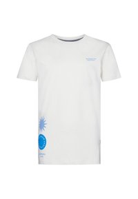 Camiseta de algodón blanca de manga corta, con diseños gráficos azules, que incluyen un estallido solar y texto en el pecho y en el lateral inferior.