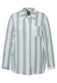 Camicia a bottoni realizzata in tessuto leggero, con righe verticali verdi e viola, colletto e una singola tasca sul petto.