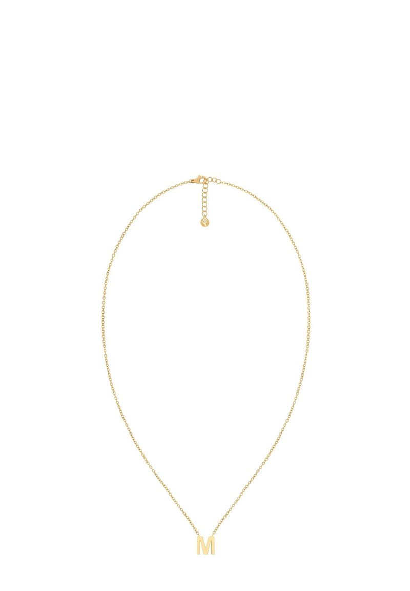 Collar de cadena dorada delicada con un pequeño colgante en forma de la letra "M" y cierre de enganche ajustable.