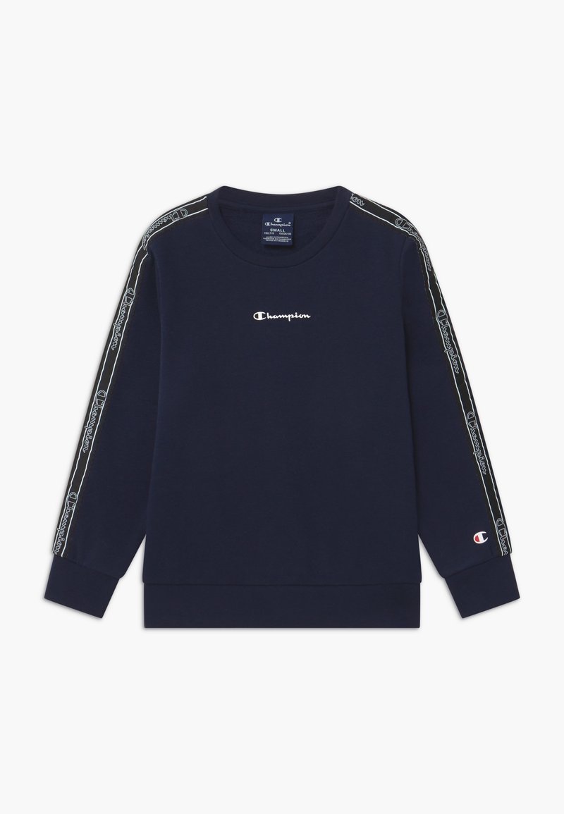 Mörkblå sweatshirt med Champion-logotyp på bröstet och märkt tejp längs ärmarna, ribbade manschetter och nederdel, storlek small etikett inuti kragen.