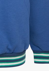 Pantaloni corti in fleece blu con polsini elasticizzati che mostrano un tessuto testurizzato. I polsini presentano righe orizzontali nei colori blu scuro, bianco e verde.
