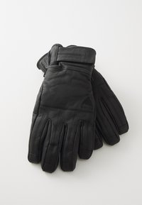 Guanti in pelle nera con una finitura texturizzata, caratterizzati da dettagli cuciti, polsini e un logo sul palmo. Progettati per il freddo.