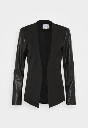 Blazer pour femmes noires avec manches longues en similicuir lisse et devant ouvert, coupe ajustée, design sans col.