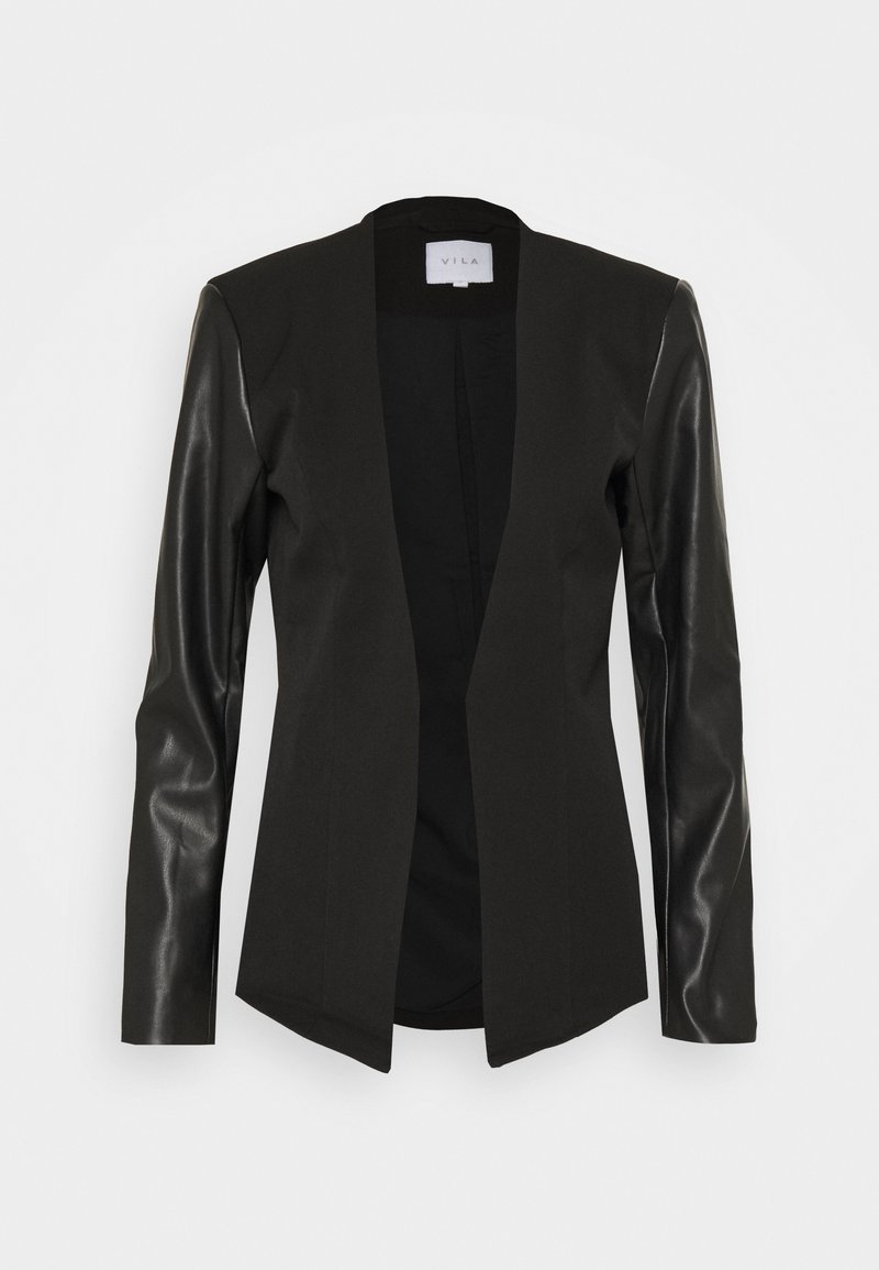 Blazer pour femmes noires avec manches longues en similicuir lisse et devant ouvert, coupe ajustée, design sans col.