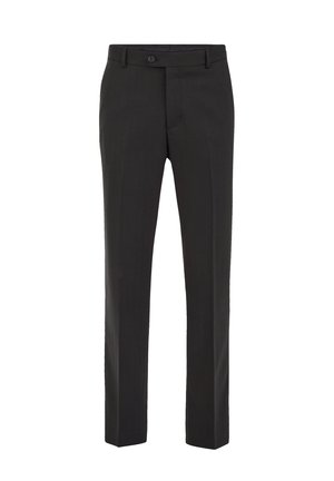 Pantaloni neri su misura realizzati in tessuto liscio; design a gamba dritta, vita sottile con chiusura a bottone e un'estetica pulita e minimalista.