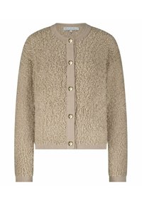 Beige gestructureerde gebreide cardigan met lange mouwen, geribde manchetten en zoom, voorzijde met ronde gouden knopen en een ronde hals.